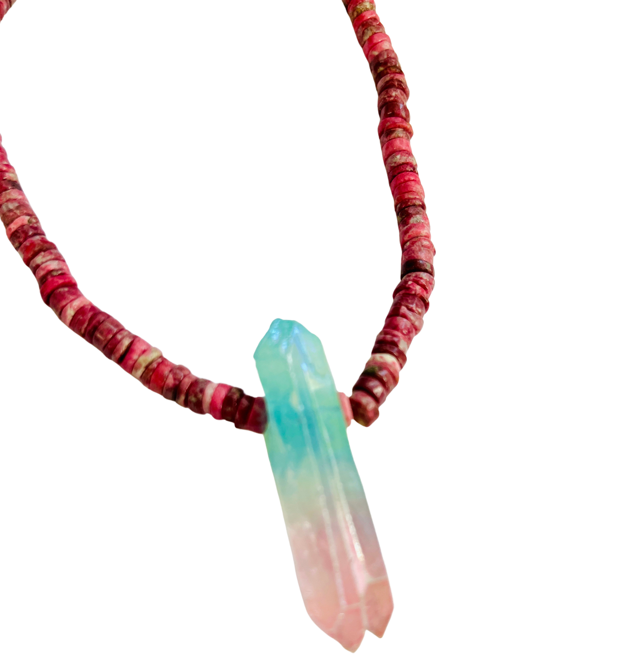 Long Rhodonite Heshi Necklace with Watermelon quartz Crystal