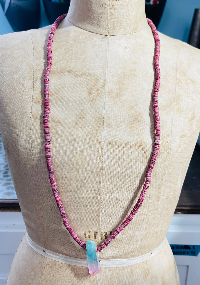 Long Rhodonite Heshi Necklace with Watermelon quartz Crystal