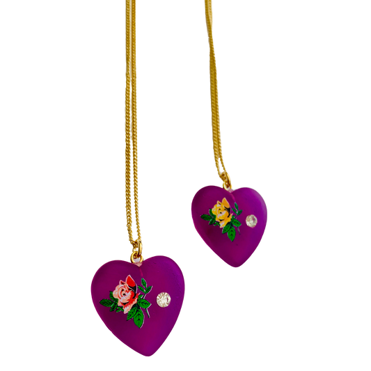 Vintage Purple Acrylic CZ Heart With Flower
