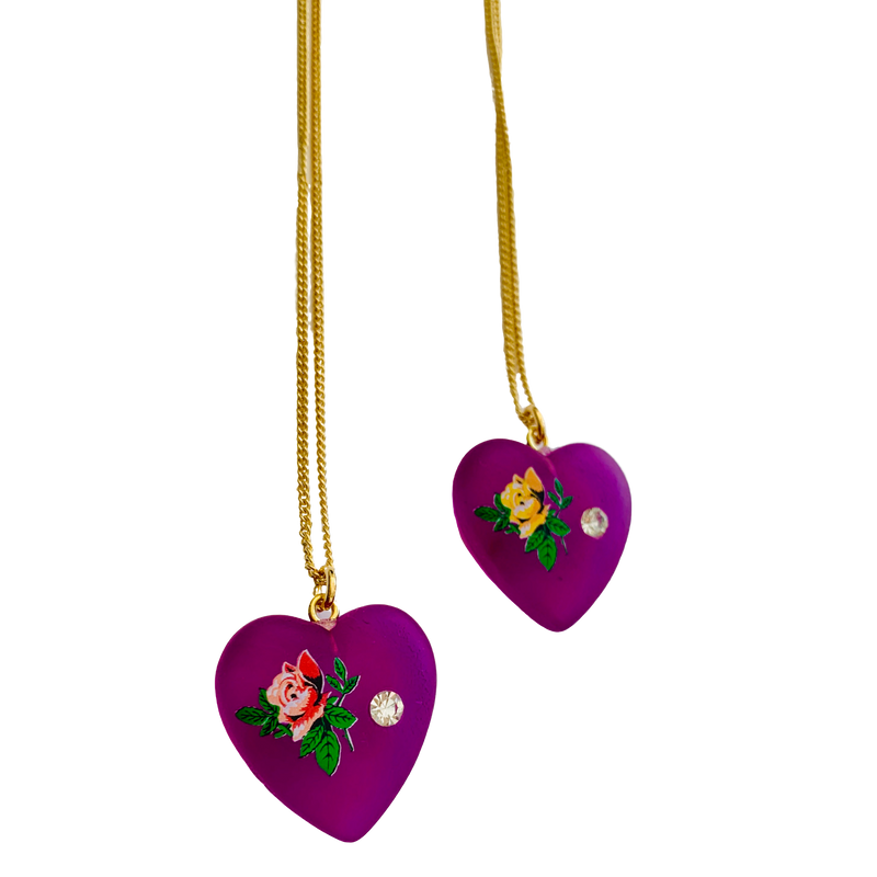 Vintage Purple Acrylic CZ Heart With Flower