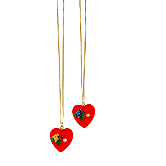 Vintage Red Acrylic CZ Heart With Flower
