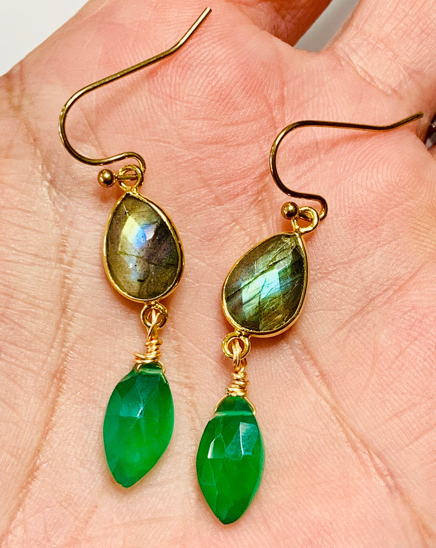 Labradorite and Green Onyx Dangle Earrings