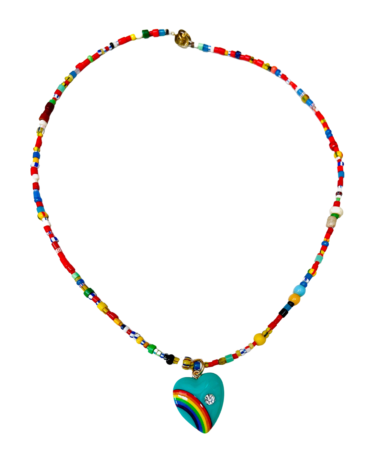 Hand Beaded Rainbow Heart Necklace