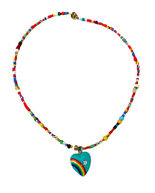 Hand Beaded Rainbow Heart Necklace