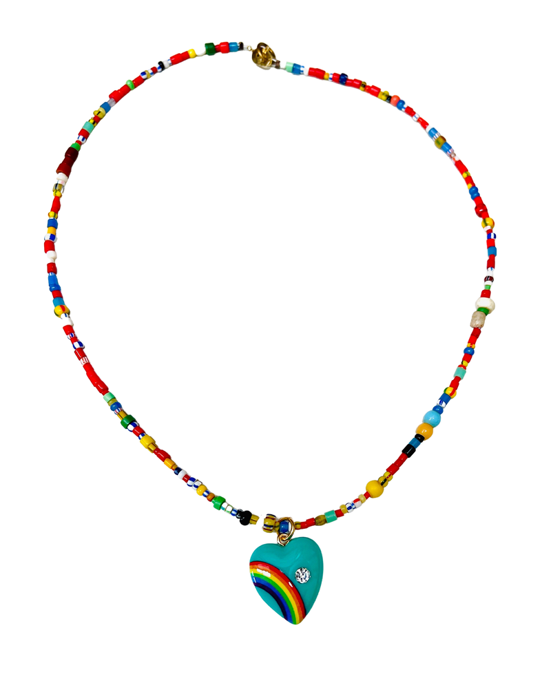 Hand Beaded Rainbow Heart Necklace