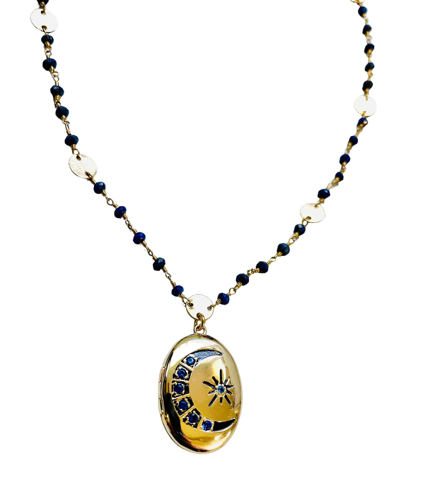Sapphire Gold Moon and Stars Locket with Sapphire Chain