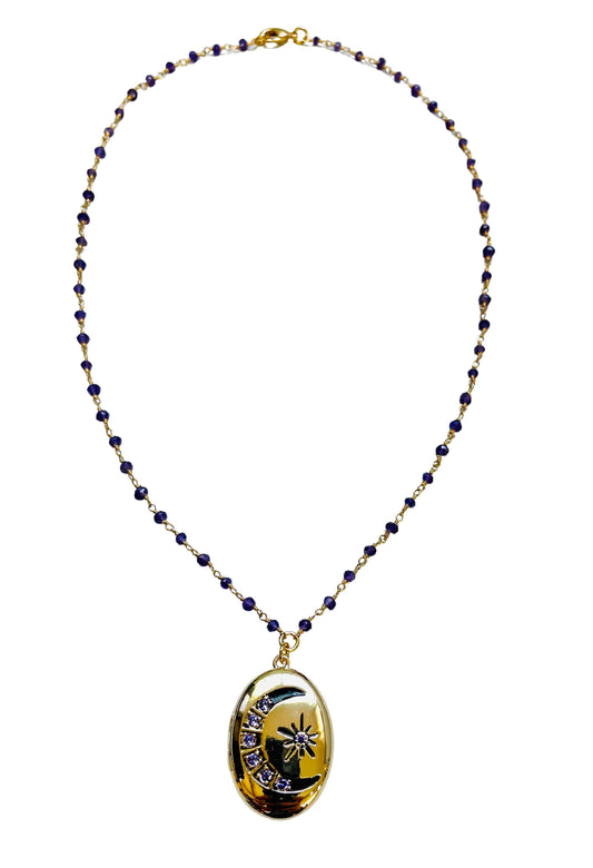 Amethyst Moon and Stars Locket with Amethyst Beaded Chain