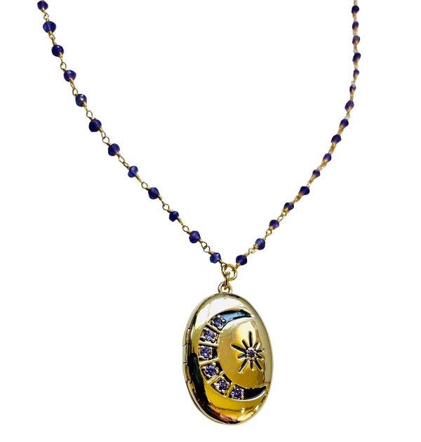 Amethyst Moon and Stars Locket with Amethyst Beaded Chain