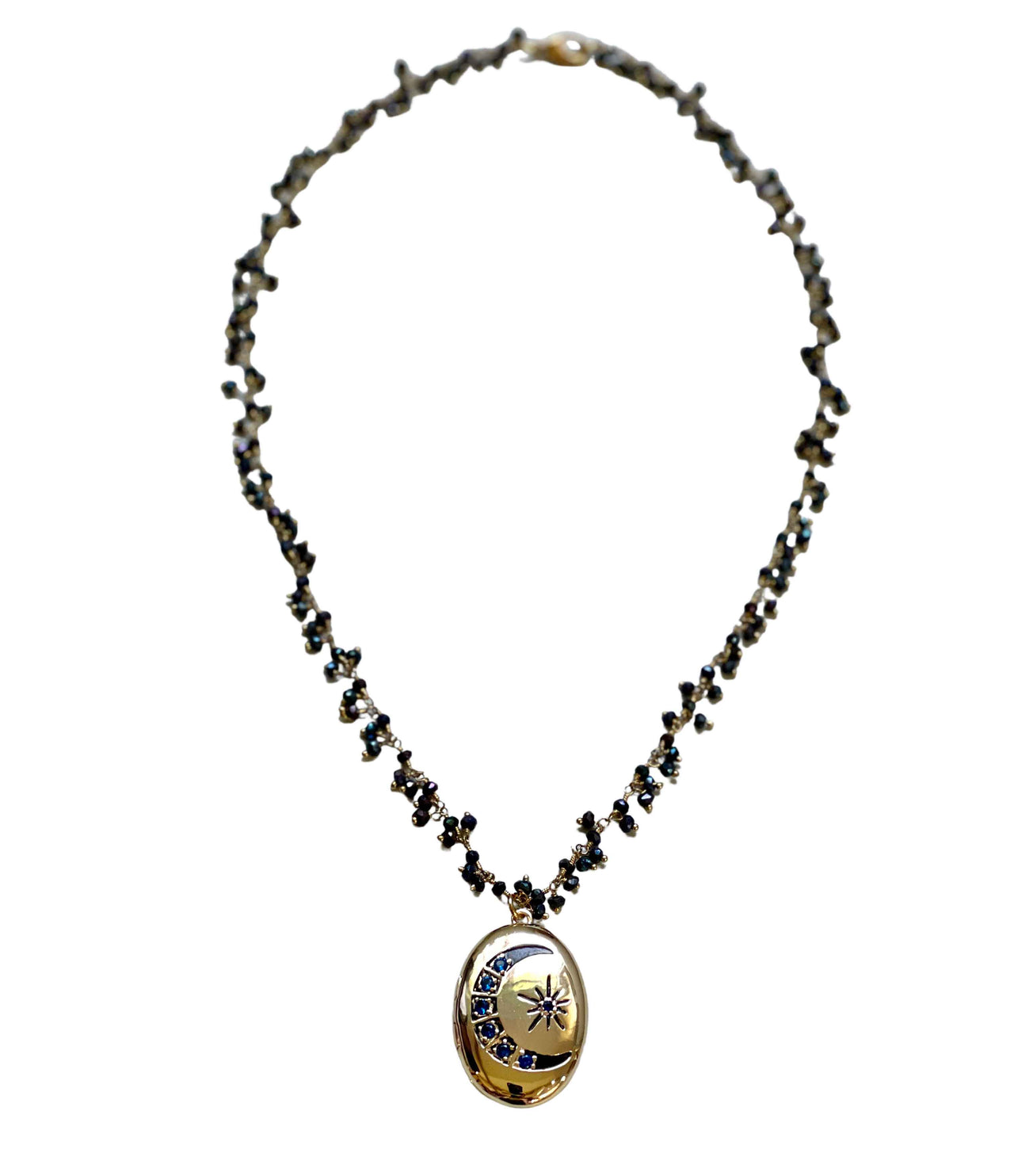 Sapphire Moon and Stars Locket with Spinel Beaded Fringe Chain