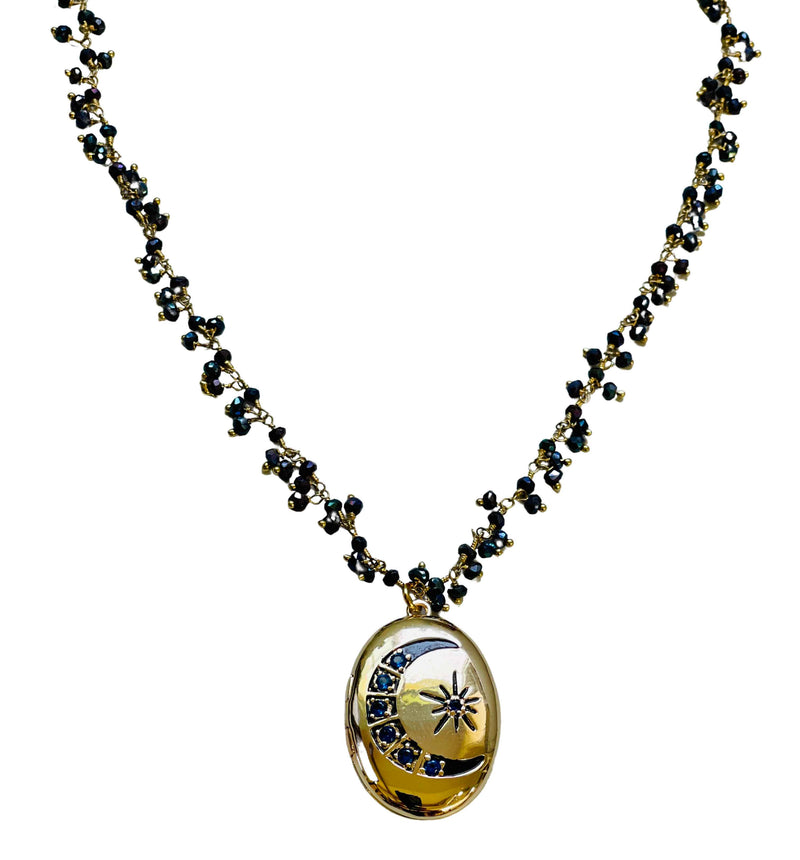 Sapphire Moon and Stars Locket with Spinel Beaded Fringe Chain