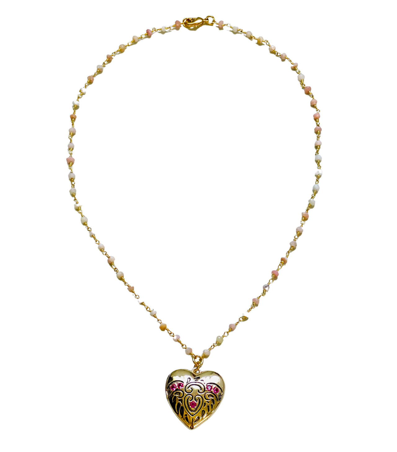 Gold Heart Locket with Ruby Stones Pink Opal Beaded Chain