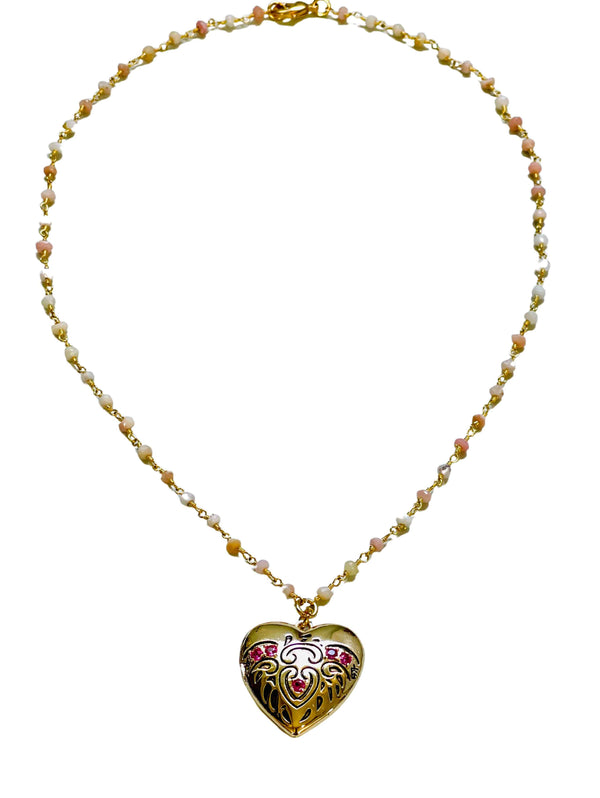 Gold Heart Locket with Ruby Stones Pink Opal Beaded Chain