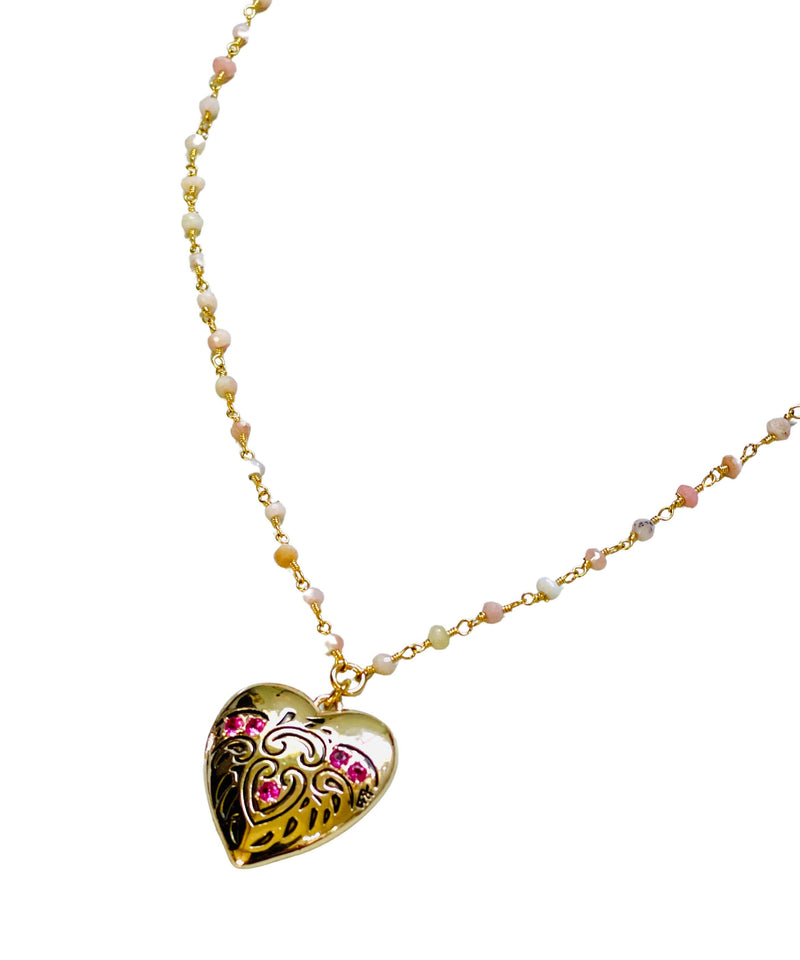 Gold Heart Locket with Ruby Stones Pink Opal Beaded Chain