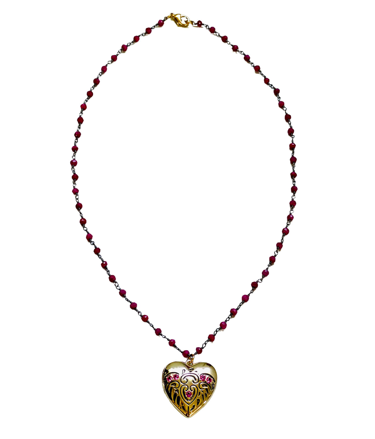 Ruby Heart Locket with Wire Wrapped Ruby Stones Necklace