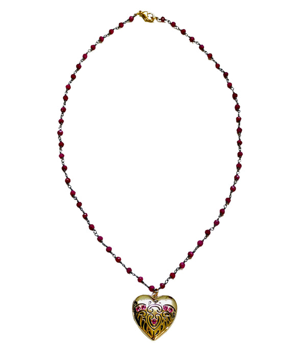 Ruby Heart Locket with Wire Wrapped Ruby Stones Necklace