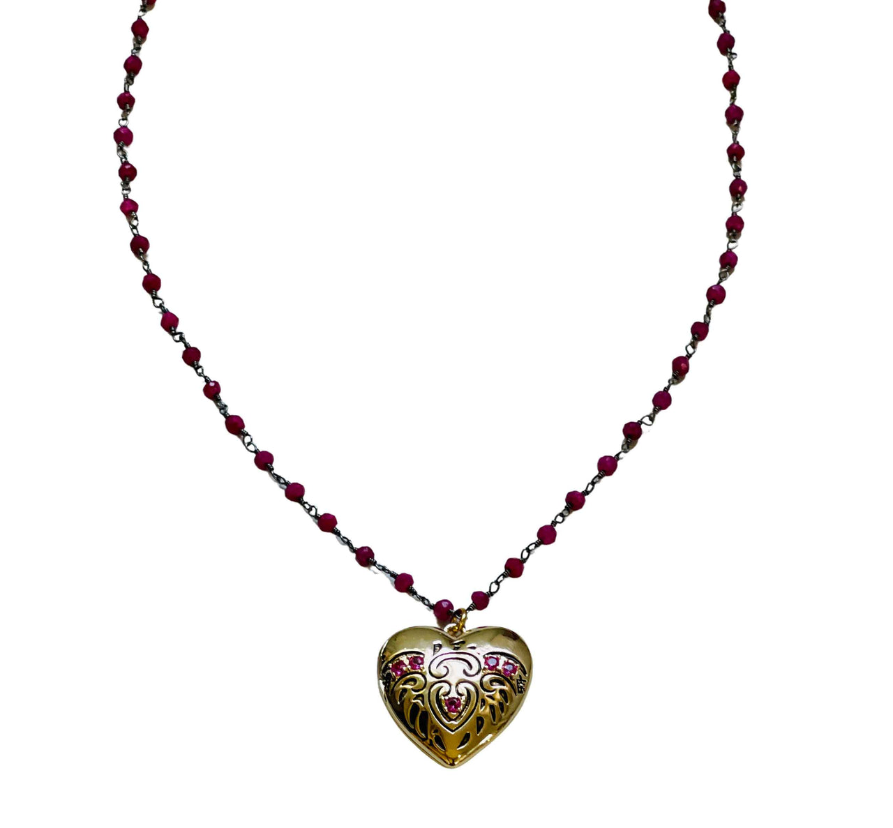 Ruby Heart Locket with Wire Wrapped Ruby Stones Necklace