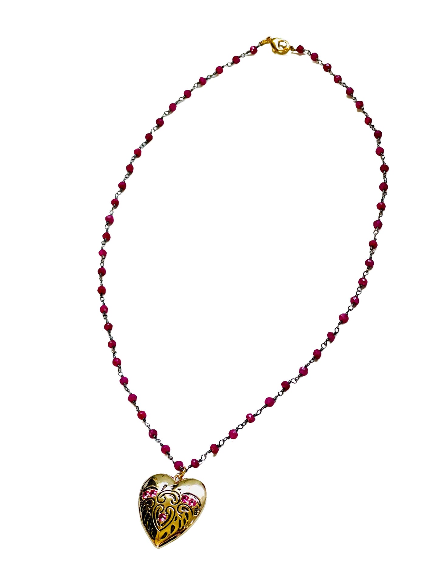 Ruby Heart Locket with Wire Wrapped Ruby Stones Necklace