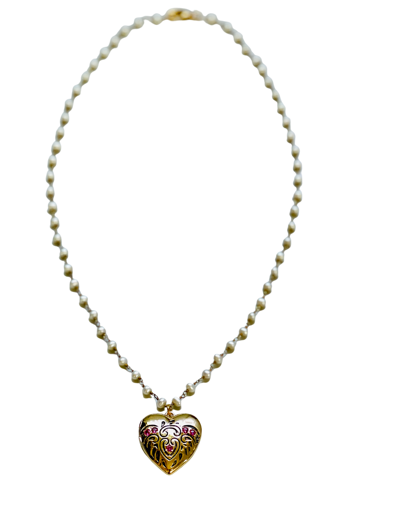 Heart Locket with Ruby Stones and Pearl Chain Necklace