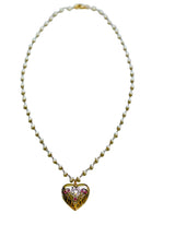 Heart Locket with Ruby Stones and Pearl Chain Necklace