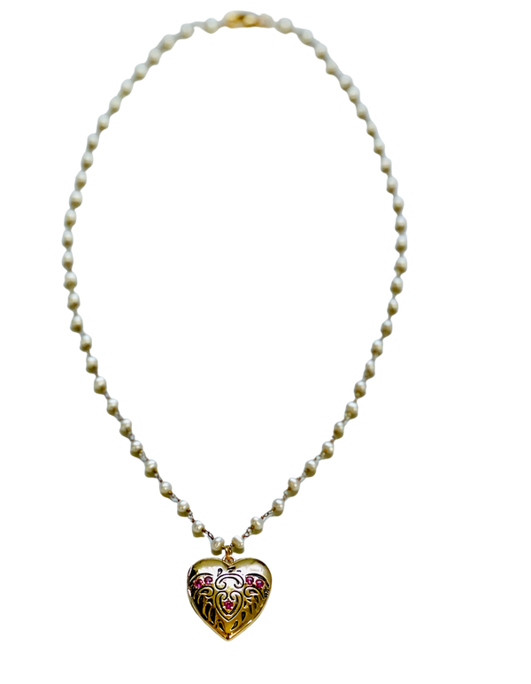 Heart Locket with Ruby Stones and Pearl Chain Necklace