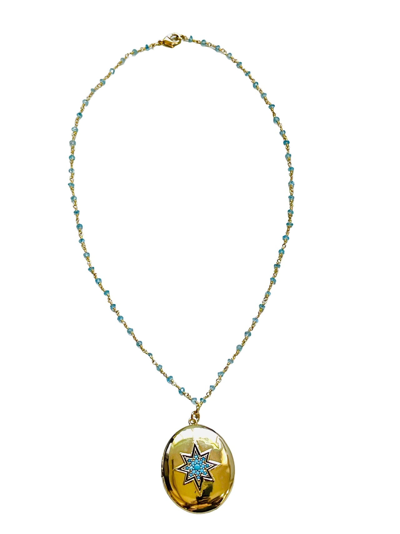 Gold Starburst Locket with Turquoise Stones Aquamarine Necklace