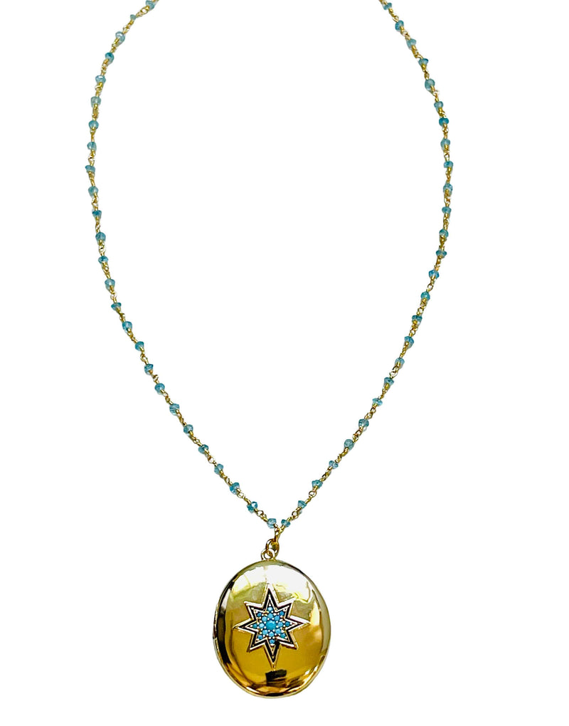 Gold Starburst Locket with Turquoise Stones Aquamarine Necklace