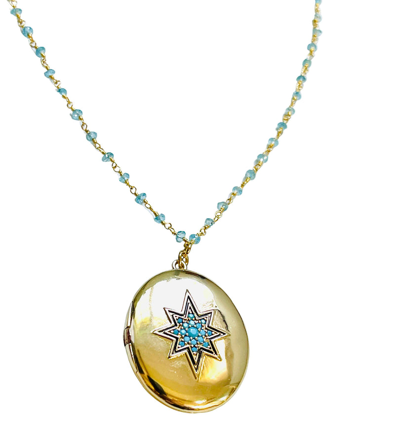 Gold Starburst Locket with Turquoise Stones Aquamarine Necklace