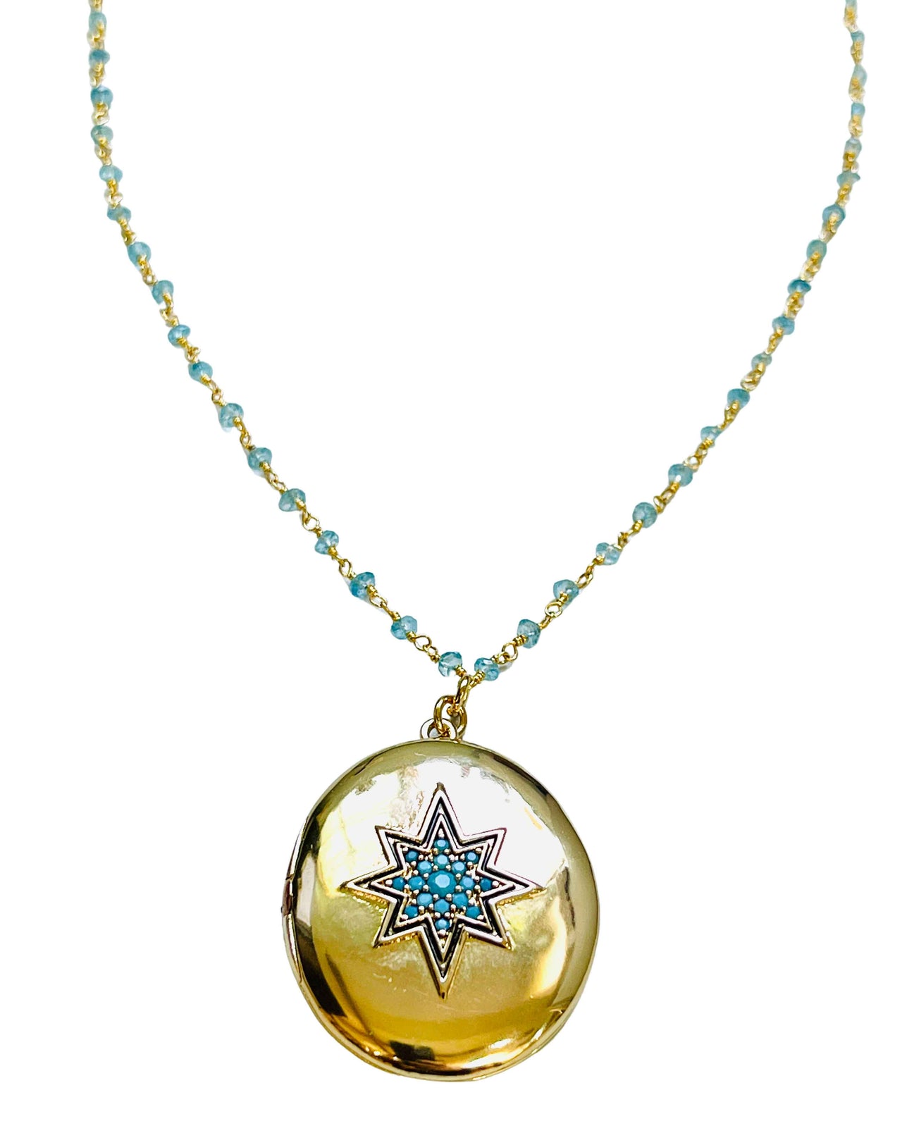 Gold Starburst Locket with Turquoise Stones Aquamarine Necklace