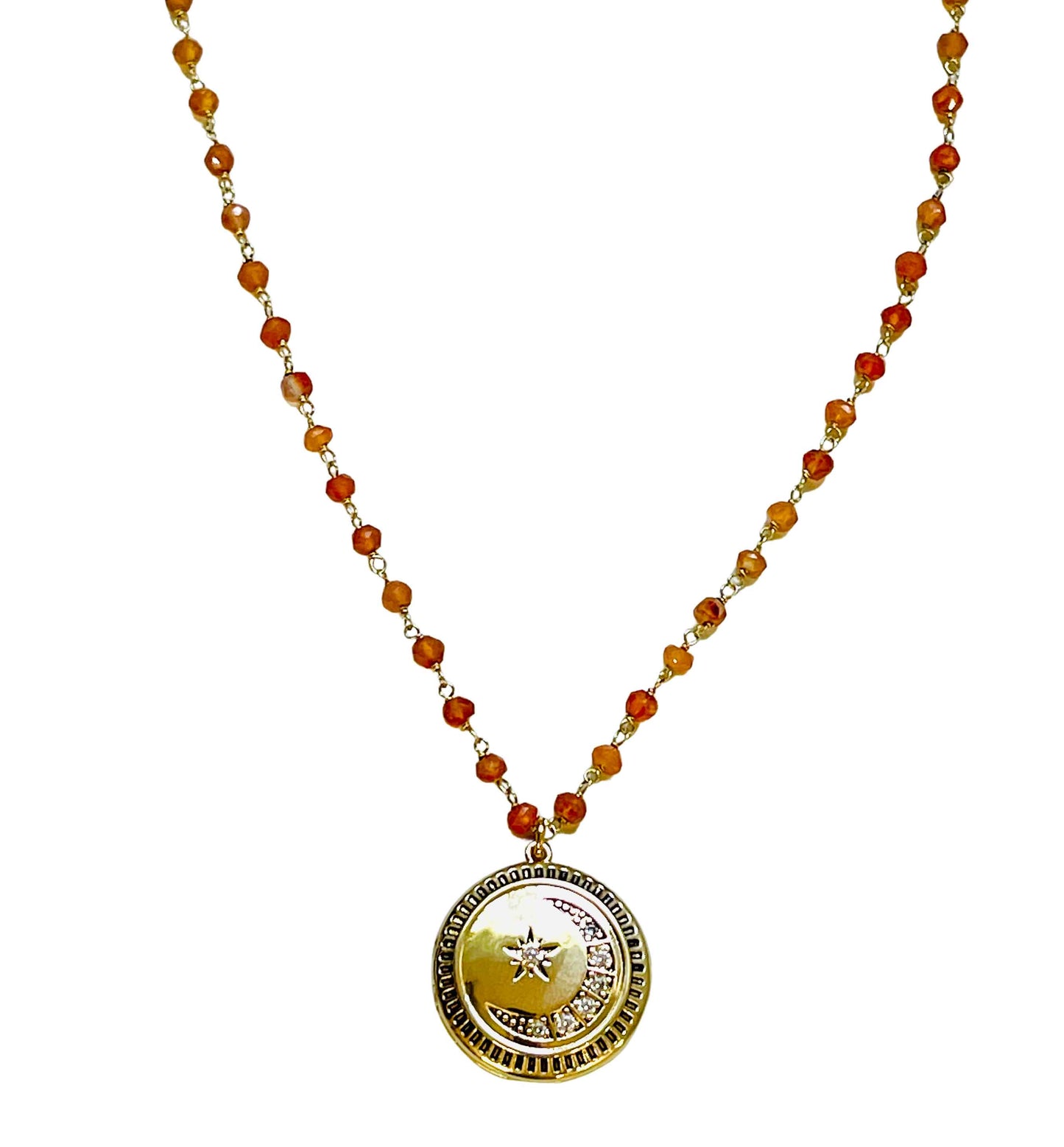 Moon and Star Diamond CZ with Orange Carnelian Stone Necklace