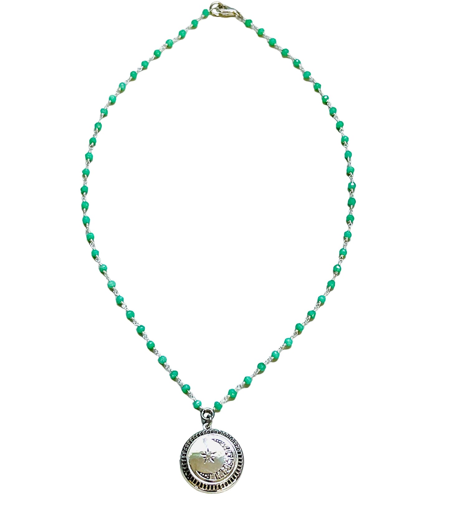 Moon and Star Locket with Wire Wrapped Chrysoprase Necklace
