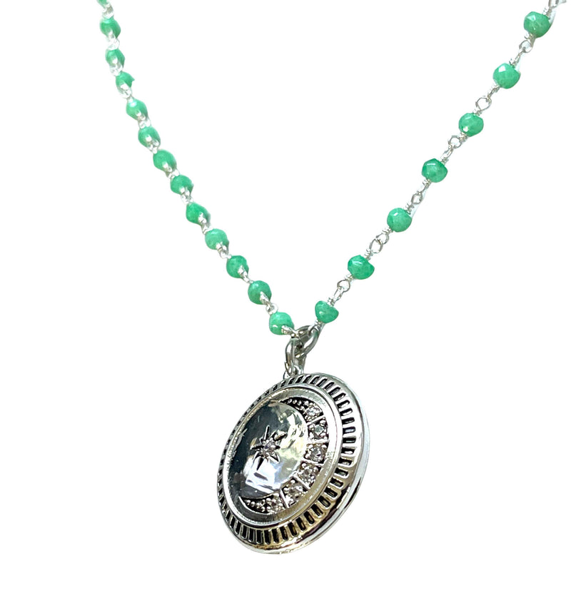 Moon and Star Locket with Wire Wrapped Chrysoprase Necklace