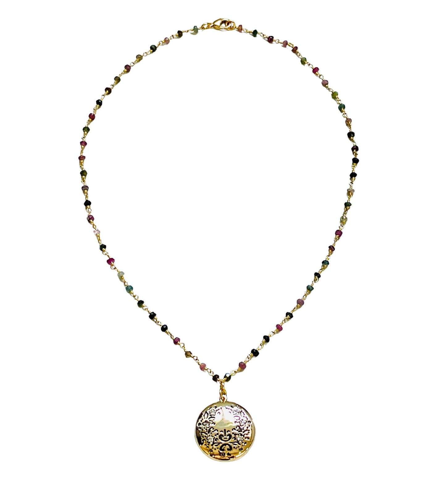 Tourmaline and Diamond CZ Gold Floral Locket Necklace