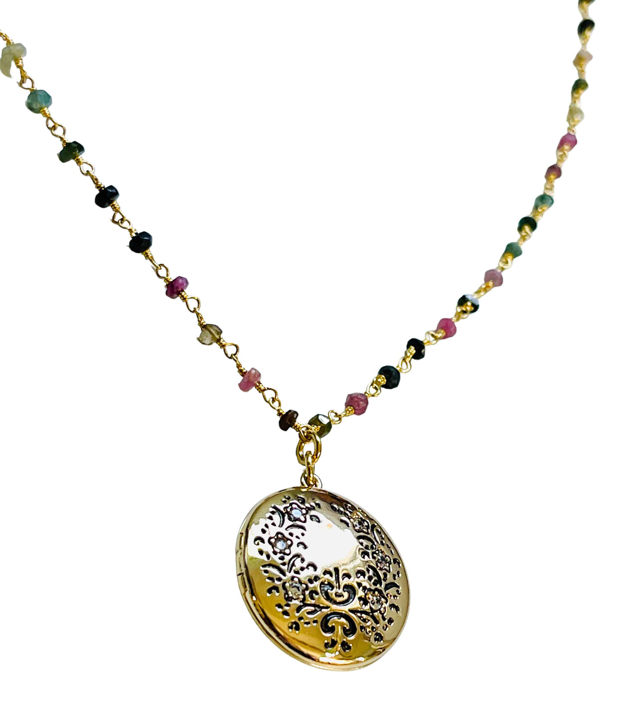 Tourmaline and Diamond CZ Gold Floral Locket Necklace