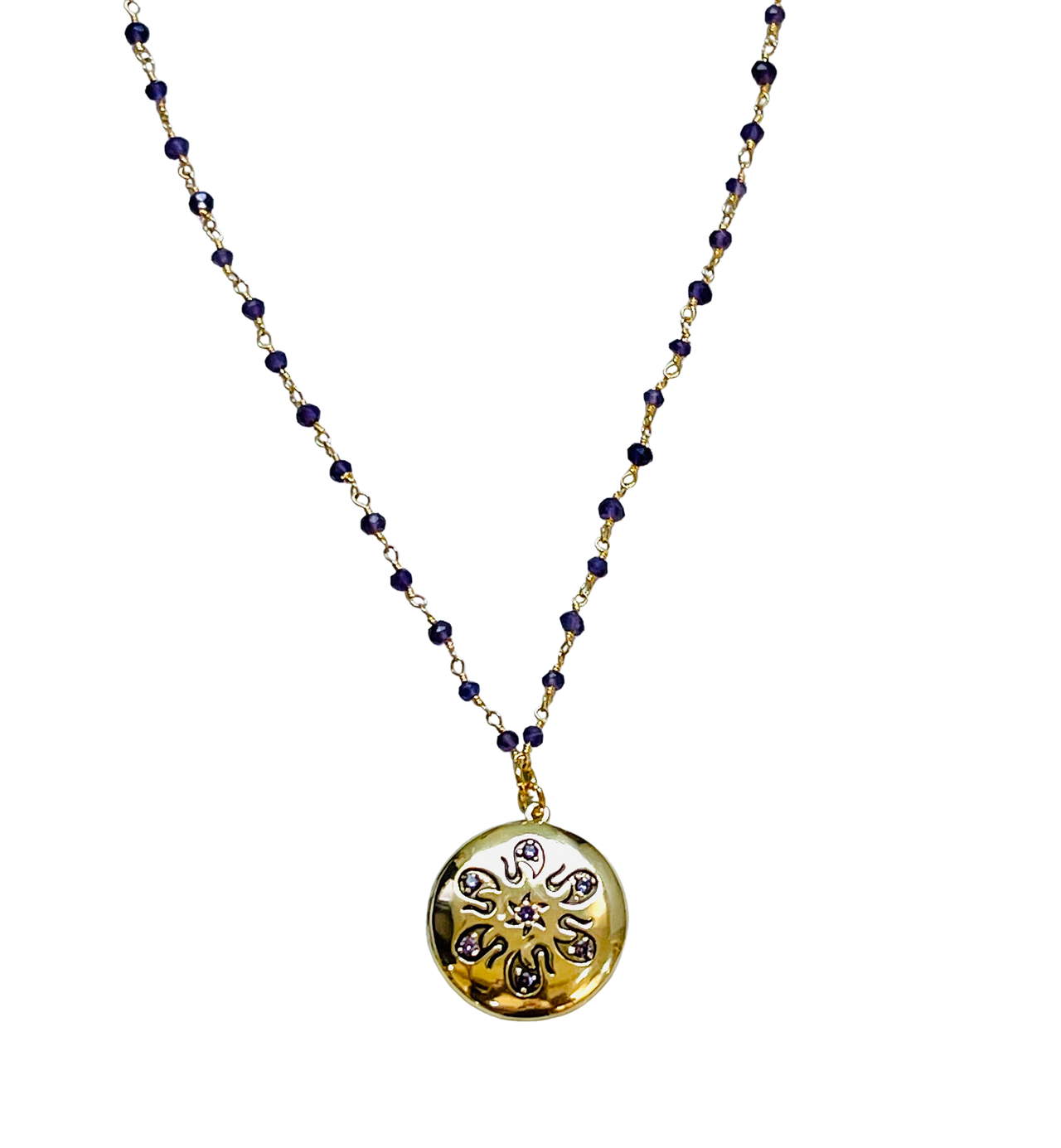 Amethyst  Floral Locket with Amethyst Beaded Chain Necklace