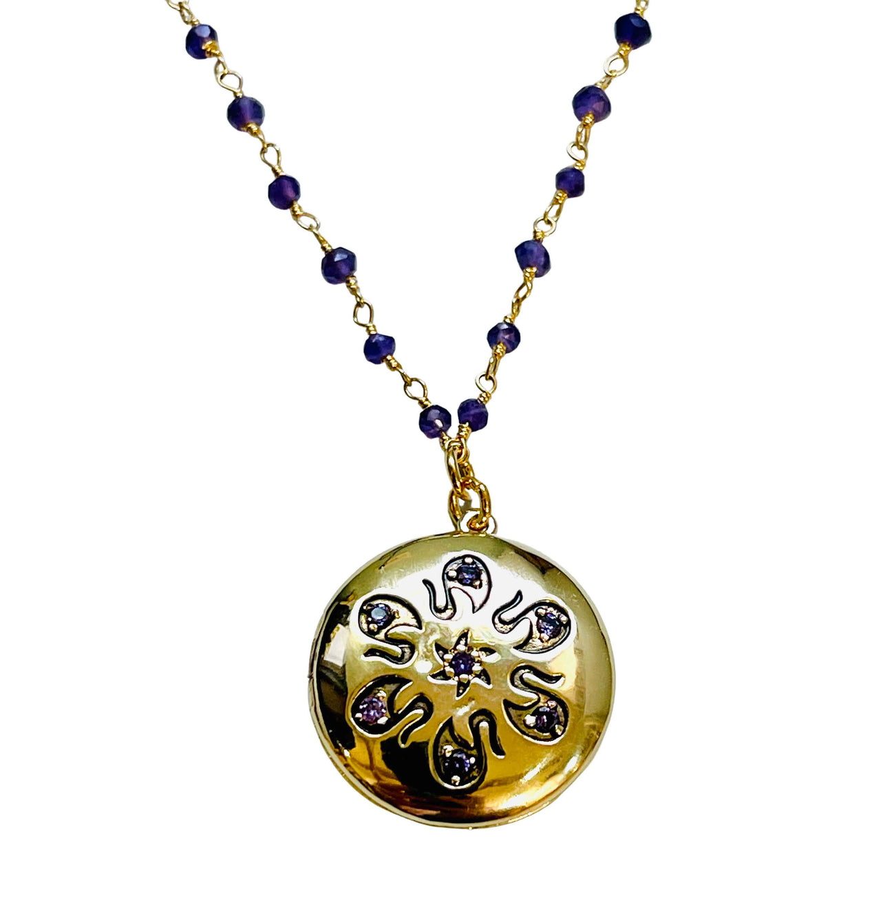 Amethyst  Floral Locket with Amethyst Beaded Chain Necklace