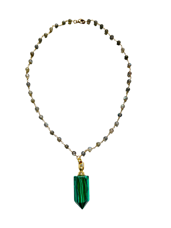 Malachite Carved Perfume Bottle Essential Oil Necklace