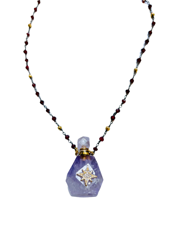 Amethyst with Star Accent  Carved Perfume Bottle Essential Oil Necklace