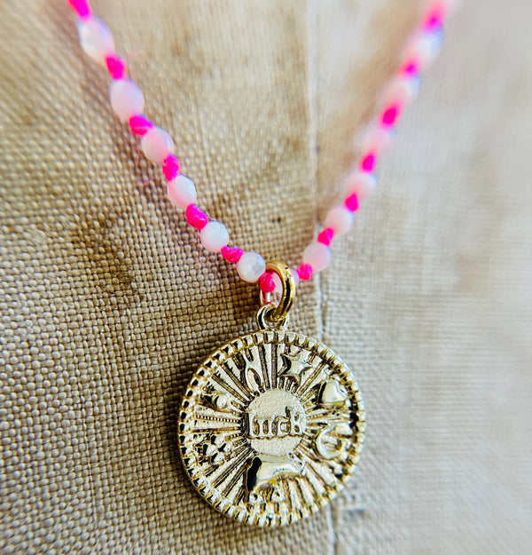 Fluorescent Pink Mother of Pearl Good Luck Necklace