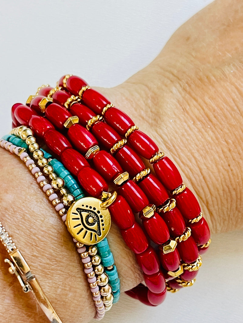Red coral Stacking Bracelets with Evil Eye
