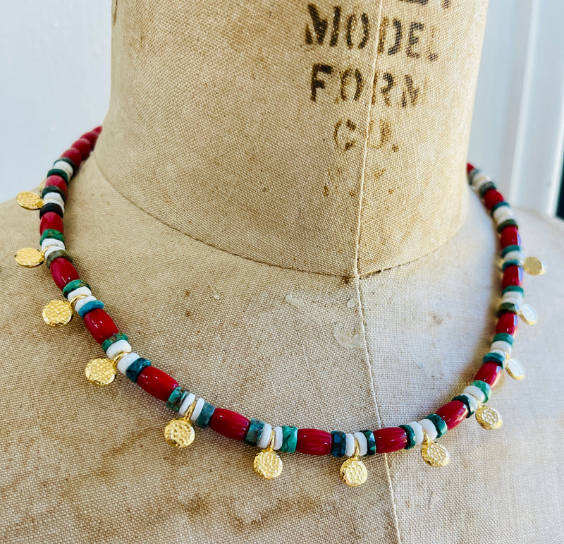 Red Coral, White Shell, Chrysophase Beaded Drop Necklace
