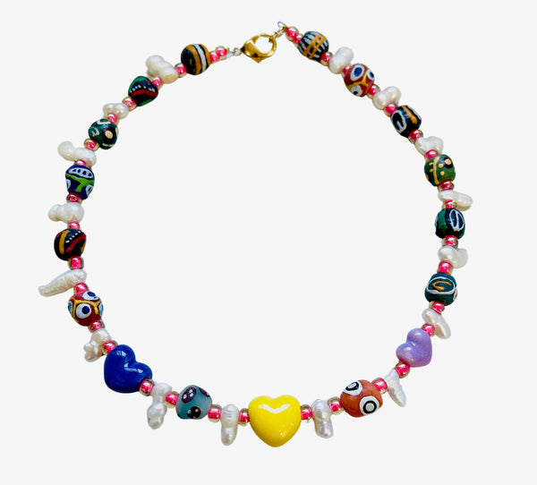 Funky Stone Necklace with Ceramic Hearts