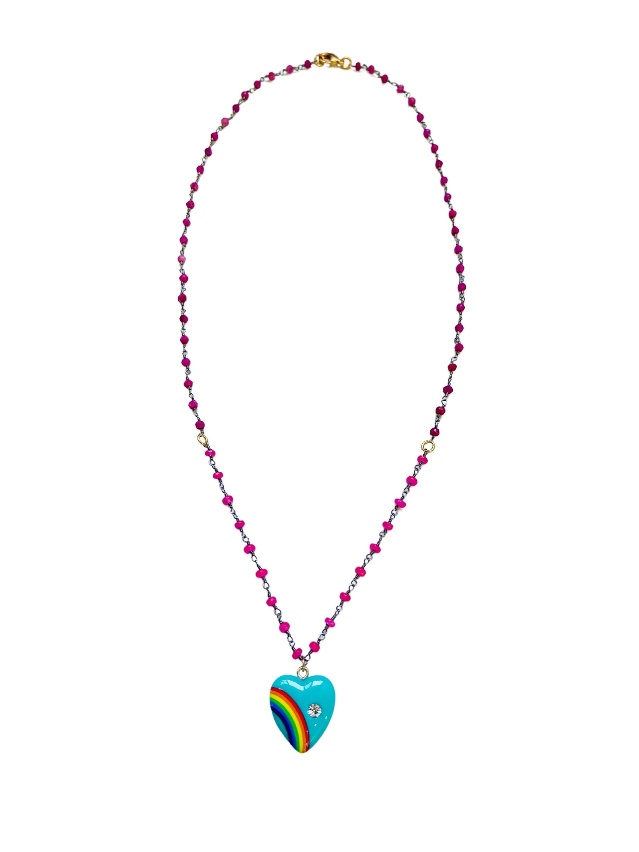 Ruby Wire Wrapped Necklace with Rainbow Heart