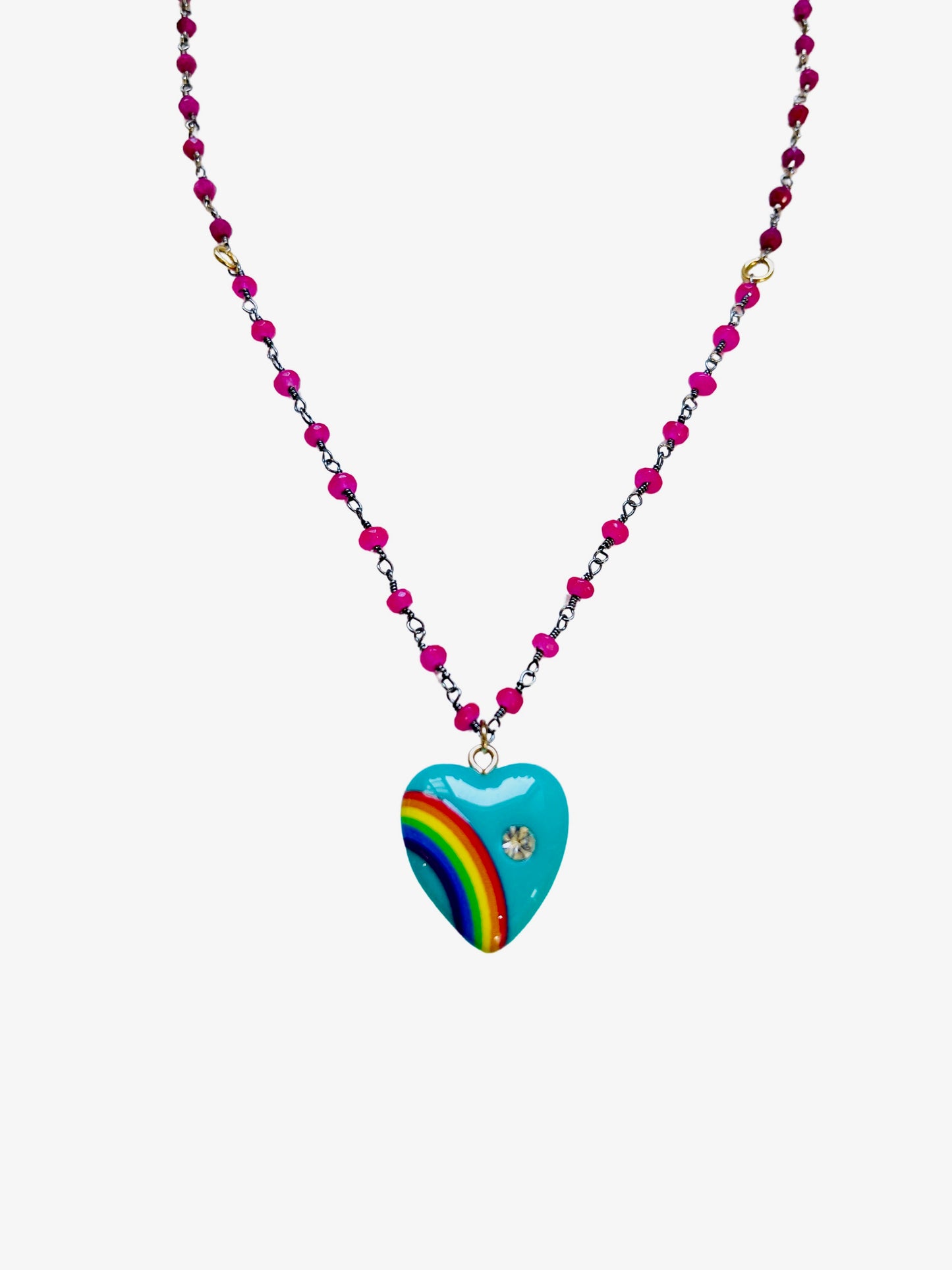 Ruby Wire Wrapped Necklace with Rainbow Heart