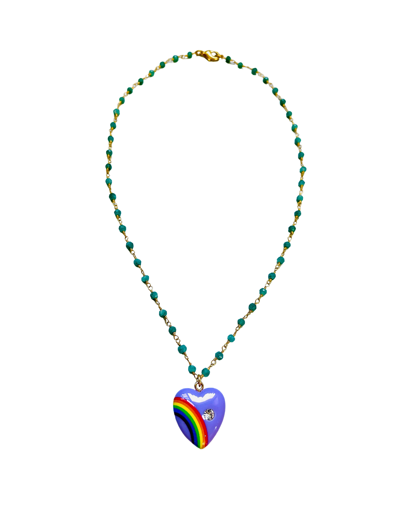 Green Onyx Wire Wrapped Necklace with Rainbow Heart