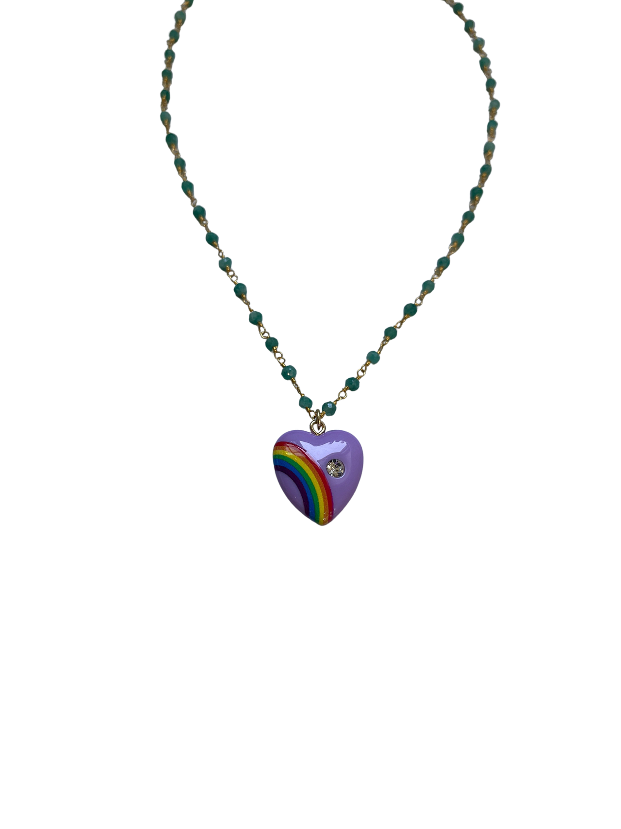 Rainbow Heart with Green Onyx Chain Necklace