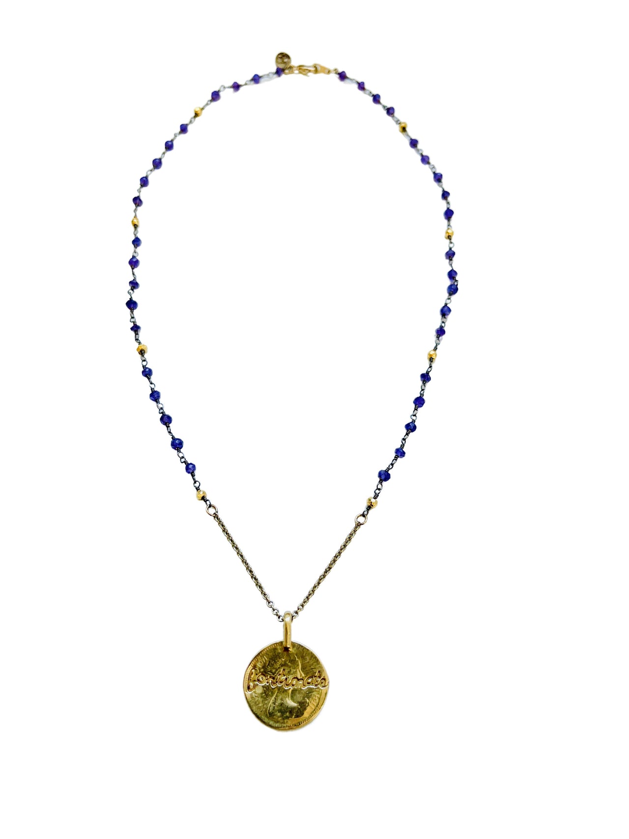 Amethyst Necklace with Fortunate Stamped Brass Coin