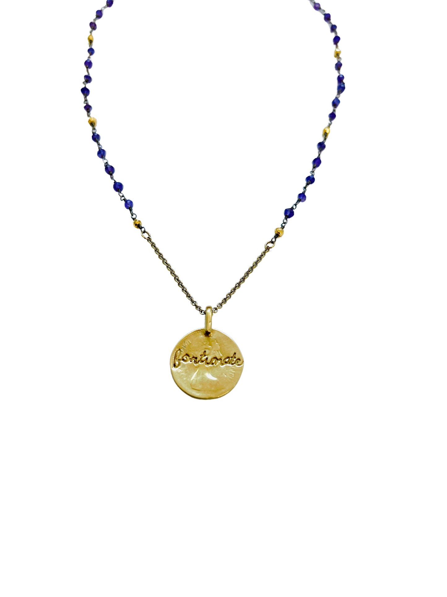 Amethyst Necklace with Fortunate Stamped Brass Coin