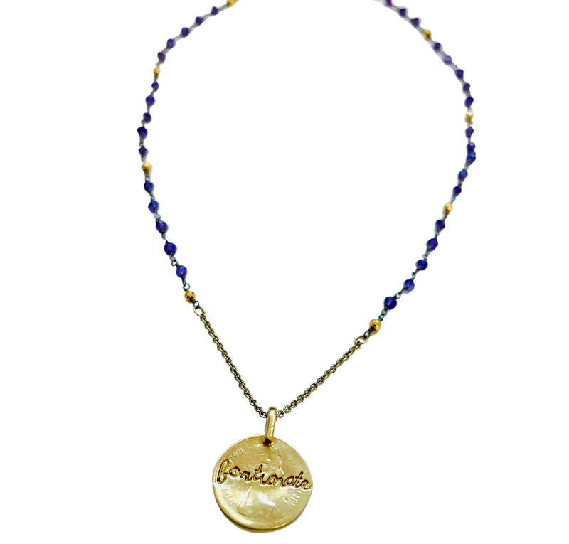 Amethyst Necklace with Fortunate Stamped Brass Coin