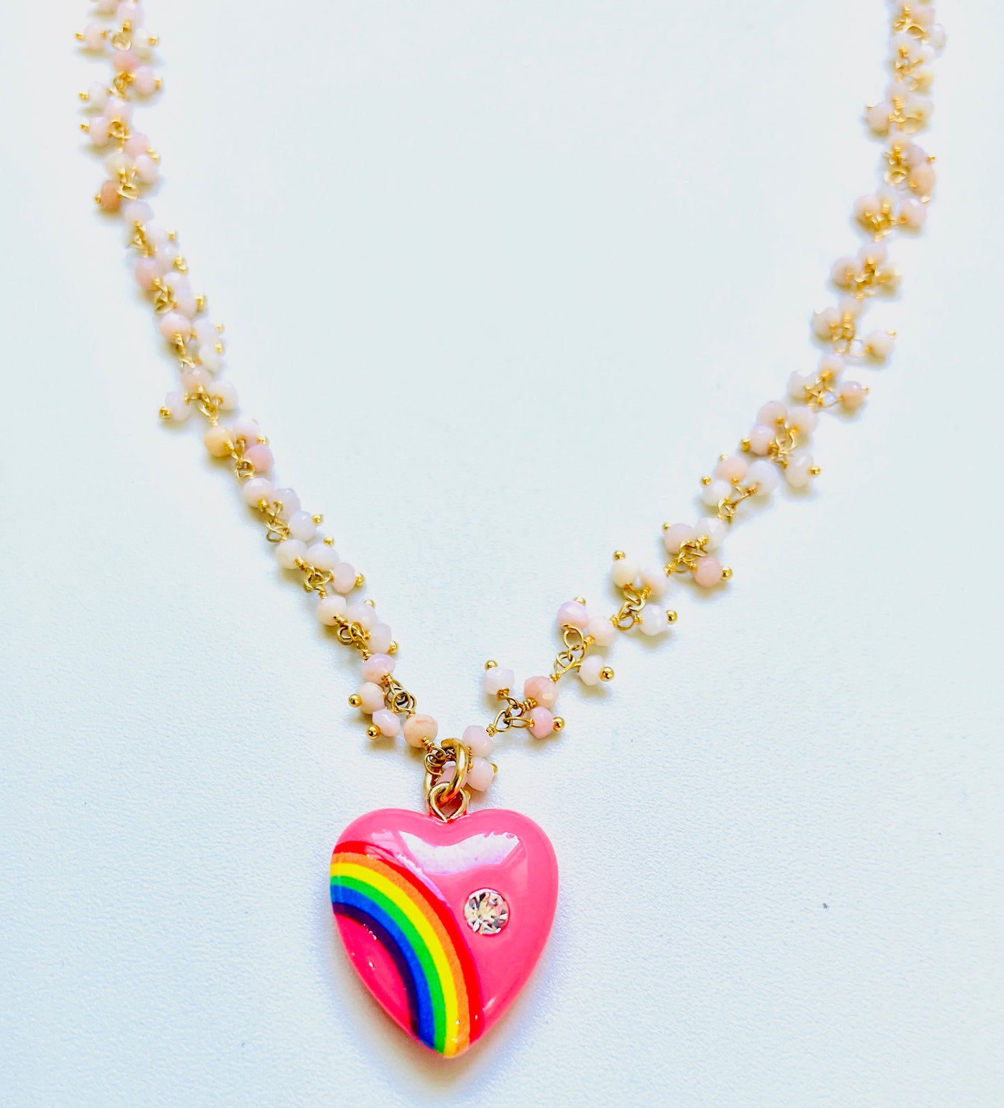 Pink Opal Fringe Necklace with Rainbow Heart