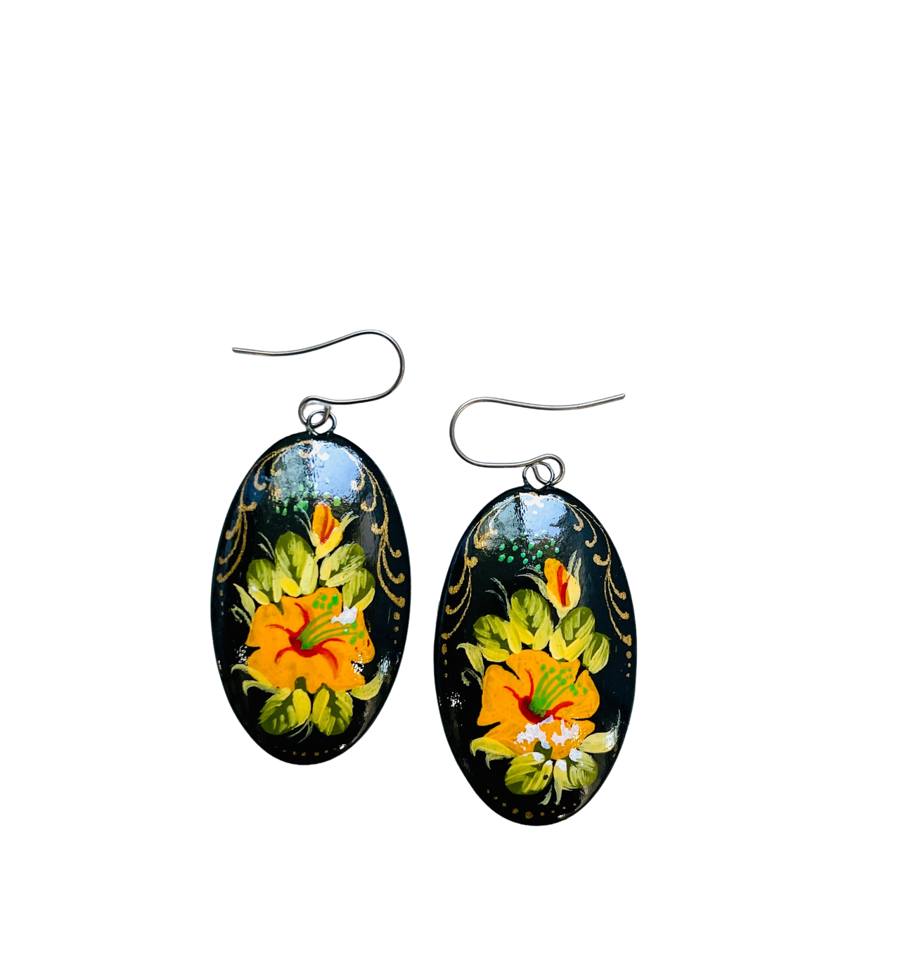 Yellow Flowers Hand Painted Russian Earrings